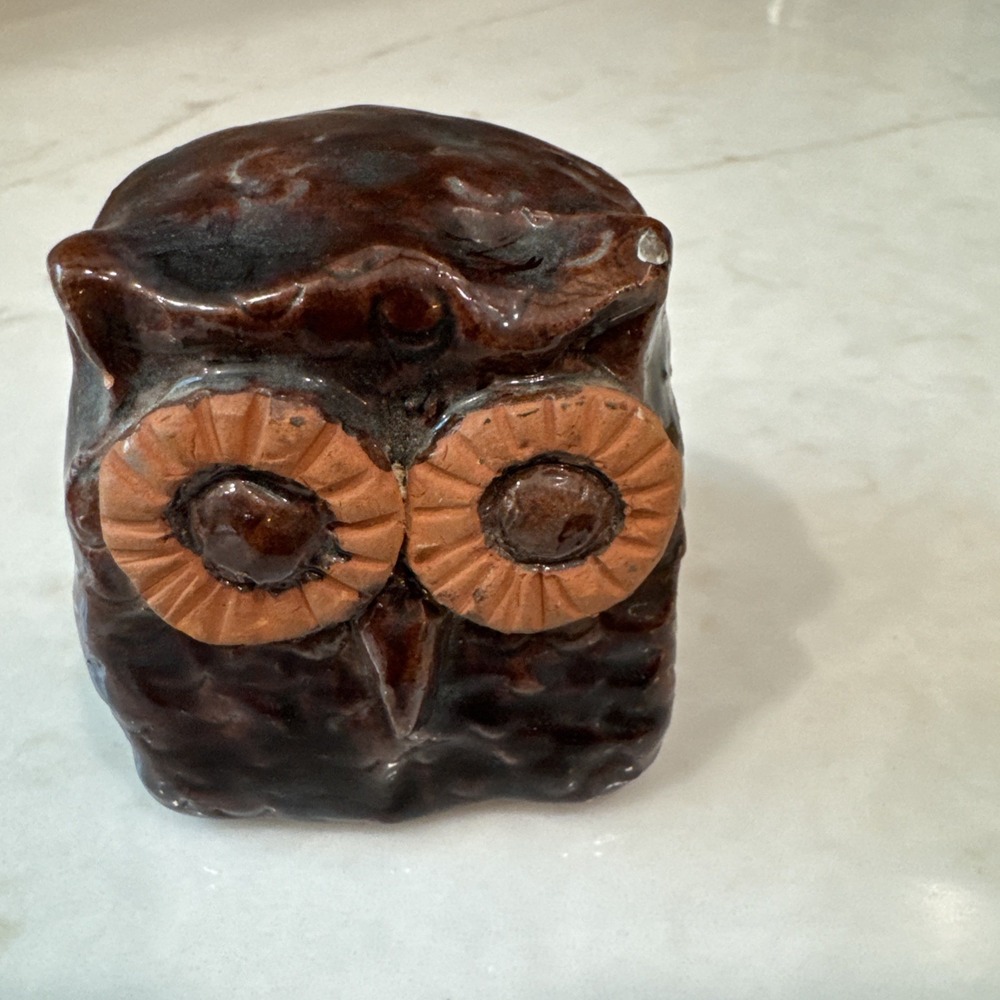 Studio signed BM 1969 art pottery Owl Figurine Ceramic Home Decor 2 inch